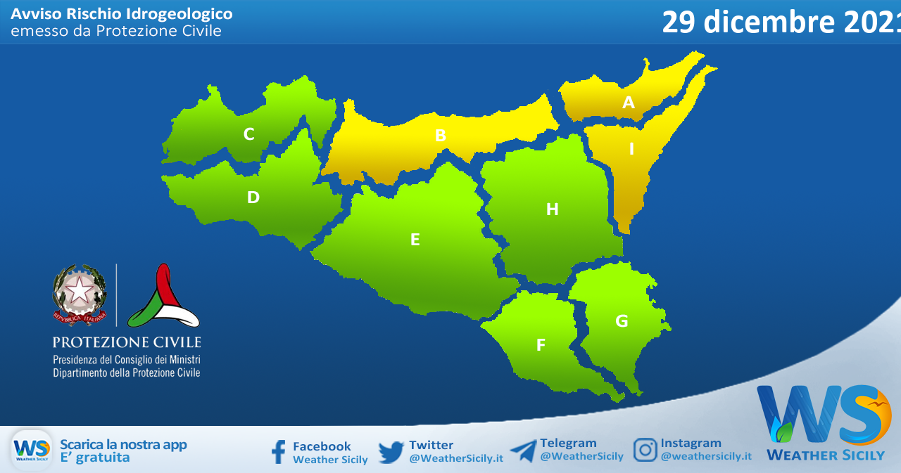 Sicilia: avviso rischio idrogeologico per mercoledì 29 dicembre 2021