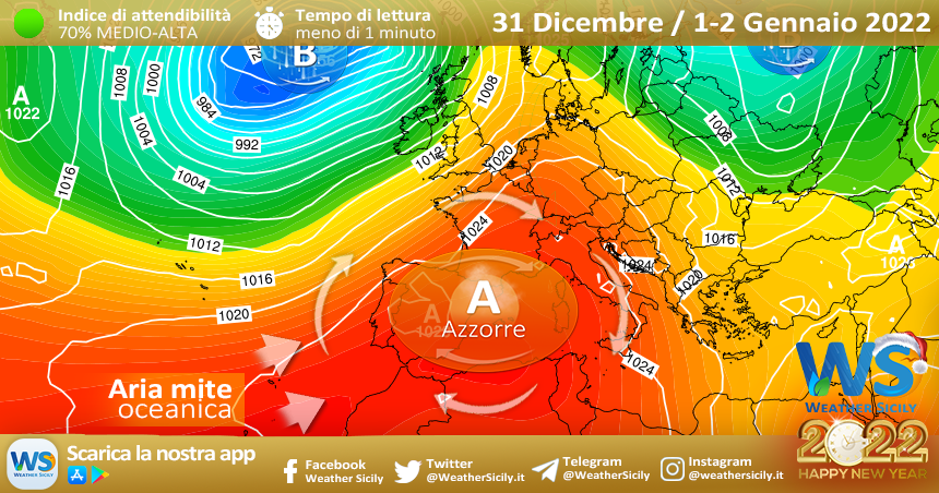 Sicilia: Capodanno in compagnia dell'alta pressione delle Azzorre. Attese locali punte di 20 gradi.