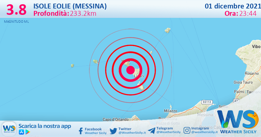 Sicilia: scossa di terremoto magnitudo 3.8 nei pressi di Isole Eolie (Messina)