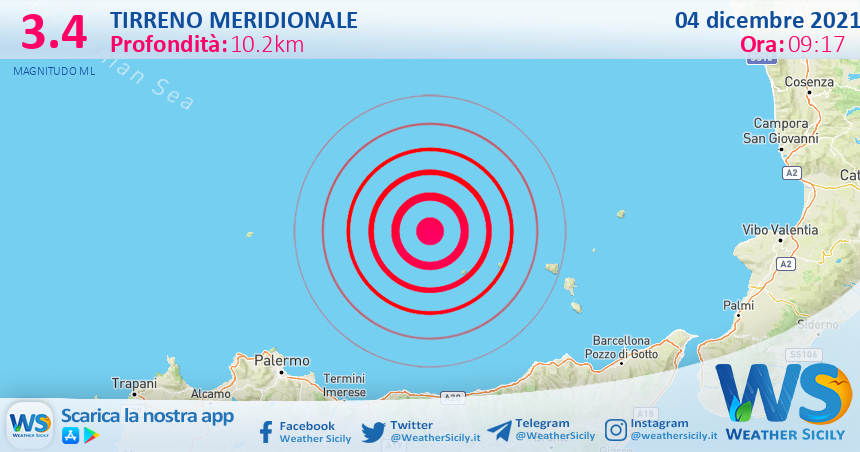 Sicilia: scossa di terremoto magnitudo 3.4 nel Tirreno Meridionale (MARE)