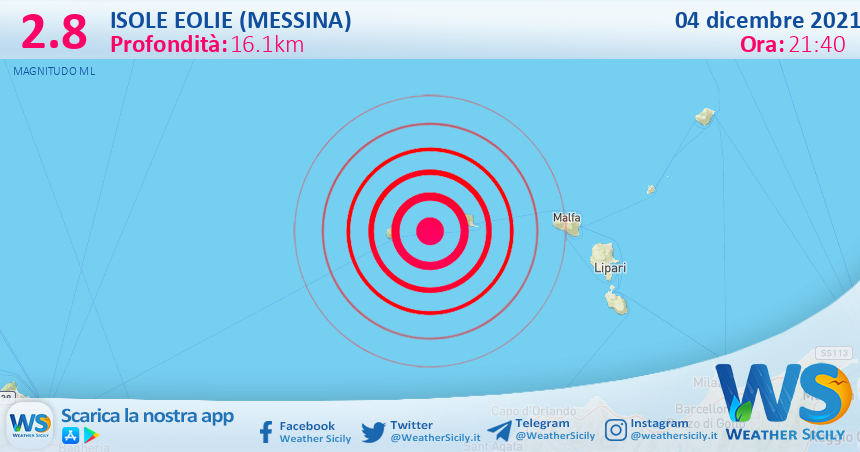 Sicilia: scossa di terremoto magnitudo 2.8 nei pressi di Isole Eolie (Messina)