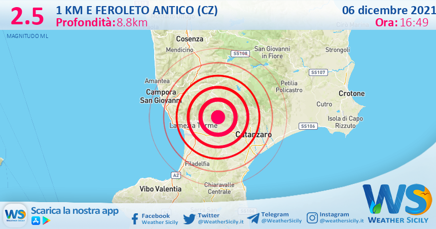 Sicilia: scossa di terremoto magnitudo 2.5 nei pressi di Feroleto Antico (CZ)