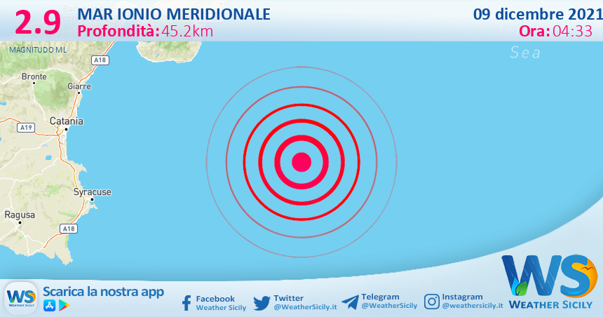 Sicilia: scossa di terremoto magnitudo 2.9 nel Mar Ionio Meridionale (MARE)