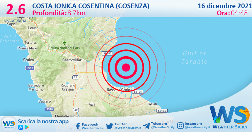 Sicilia: scossa di terremoto magnitudo 2.6 nei pressi di Costa Ionica Cosentina (Cosenza)