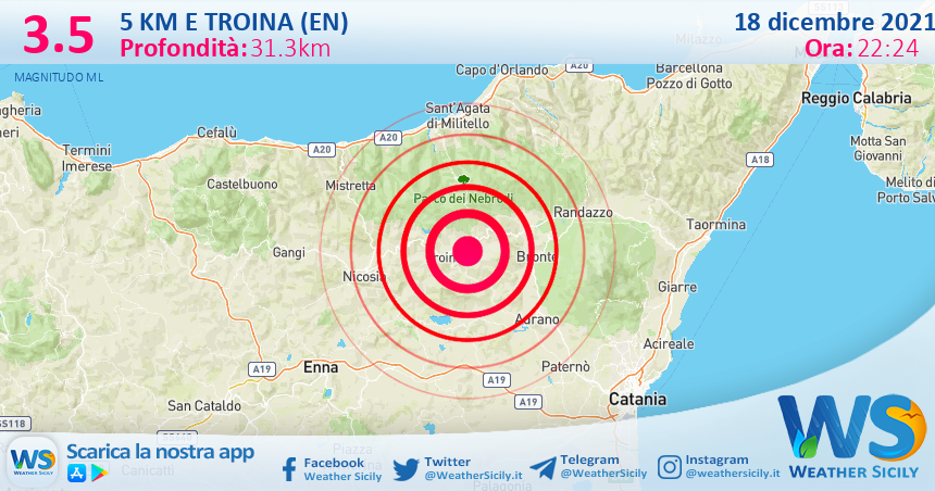 Sicilia: scossa di terremoto magnitudo 3.5 nei pressi di Troina (EN)