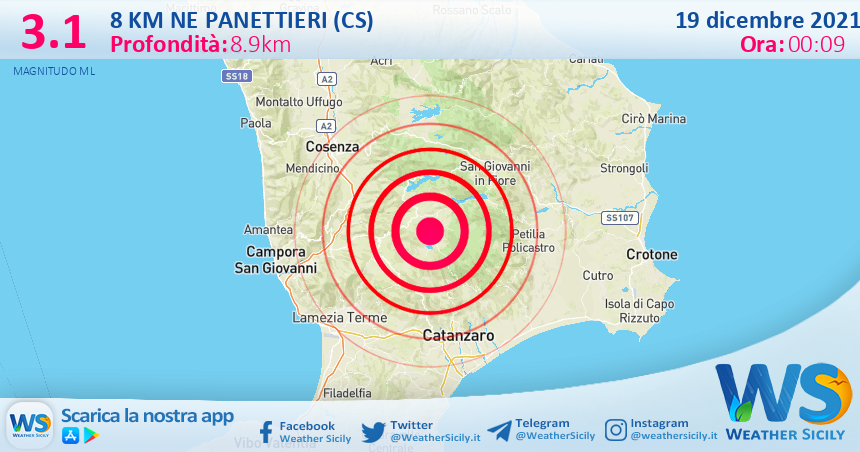 Sicilia: scossa di terremoto magnitudo 3.1 nei pressi di Panettieri (CS)