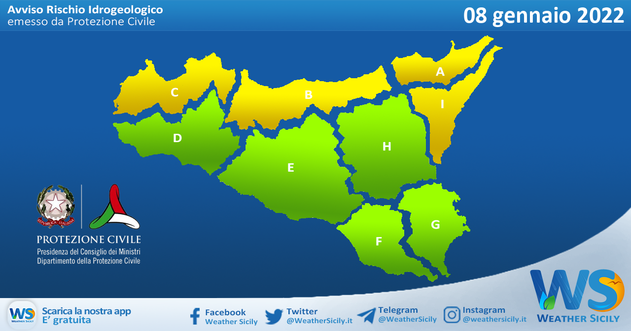 Emessa allerta meteo gialla sul Nord Sicilia per sabato 08 gennaio 2022