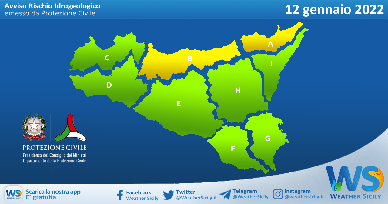 Sicilia: avviso rischio idrogeologico per mercoledì 12 gennaio 2022