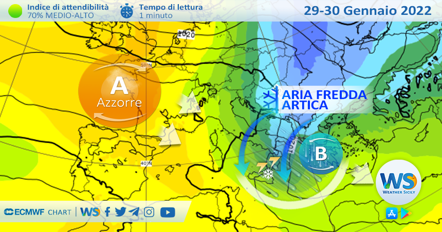 Sicilia, veloce incursione artica sabato: attesi forti venti, neve e un deciso calo termico.