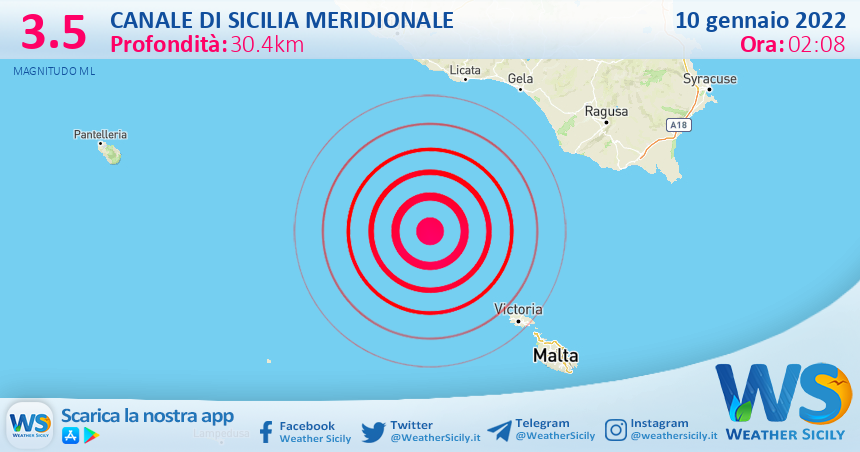 Sicilia: scossa di terremoto magnitudo 3.5 nel Canale di Sicilia meridionale (MARE)