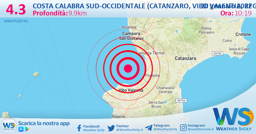 Mar Tirreno: scossa di terremoto magnitudo 4.3 nei pressi di Costa Calabra sud-occidentale.