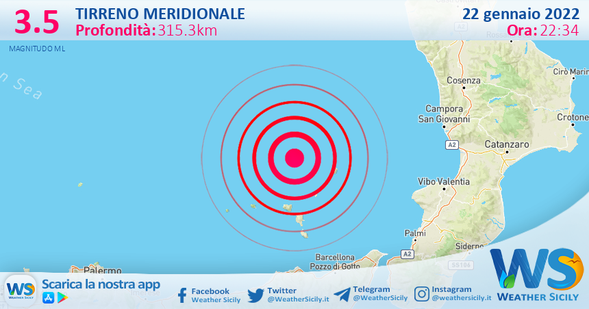 Sicilia: scossa di terremoto magnitudo 3.5 nel Tirreno Meridionale (MARE)