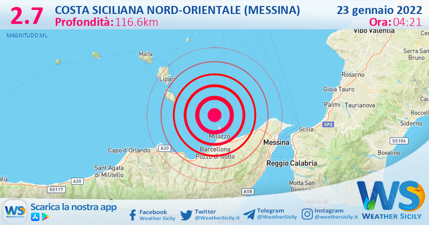 Sicilia: scossa di terremoto magnitudo 2.7 nei pressi di Costa Siciliana nord-orientale (Messina)