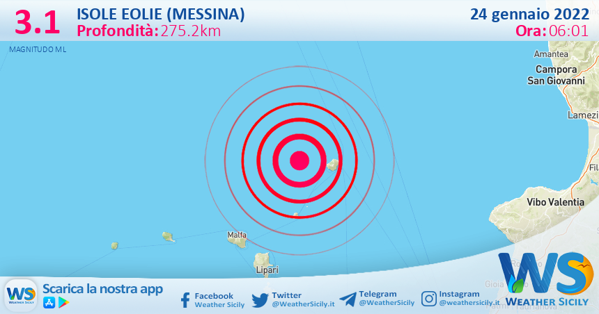 Sicilia: scossa di terremoto magnitudo 3.1 nei pressi di Isole Eolie (Messina)