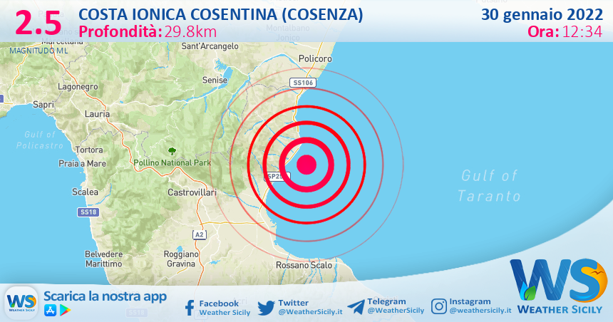 Sicilia: scossa di terremoto magnitudo 2.5 nei pressi di Costa Ionica Cosentina (Cosenza)