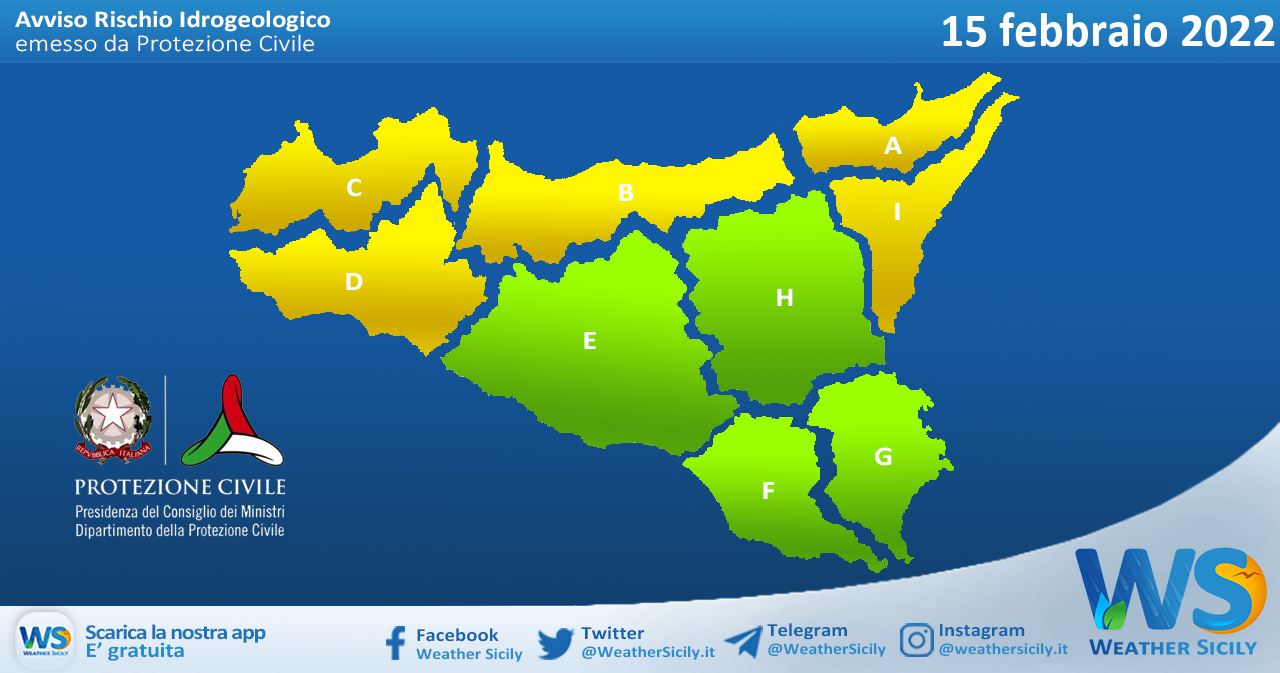 Emessa allerta meteo gialla su Sicilia occidentale e settentrionale per martedì 15 febbraio 2022