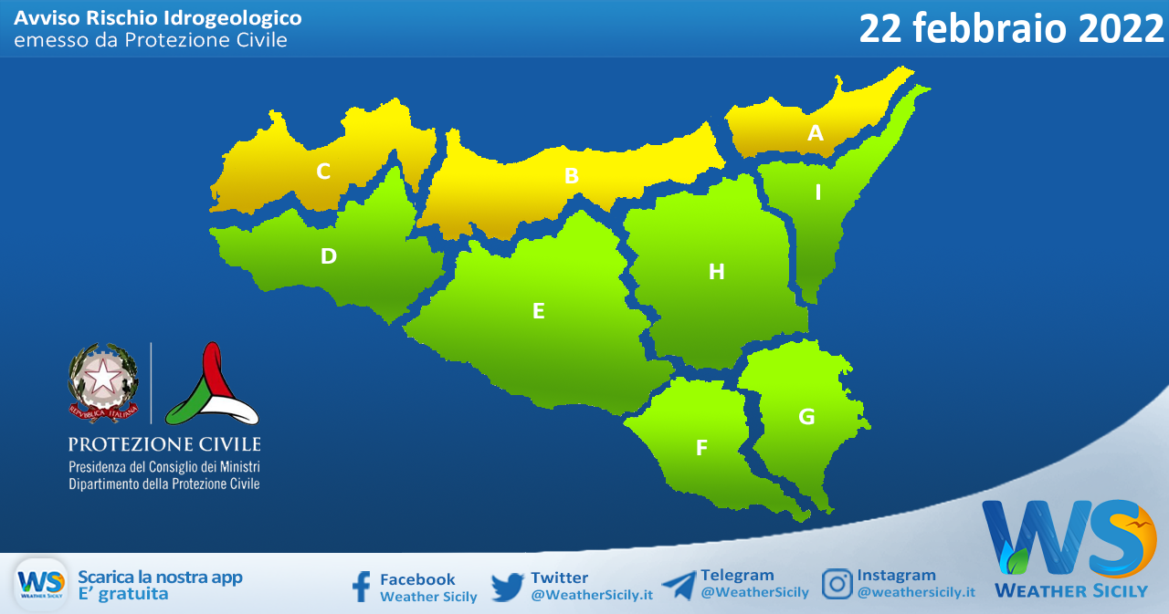 Sicilia: avviso rischio idrogeologico per martedì 22 febbraio 2022