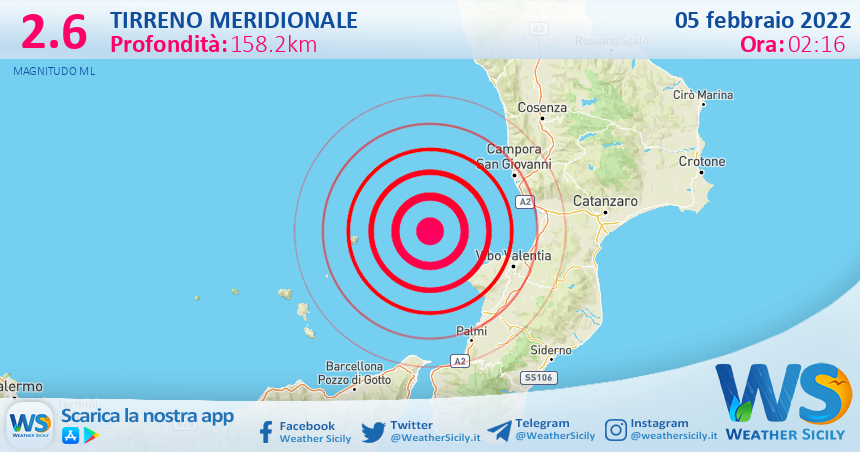 Sicilia: scossa di terremoto magnitudo 2.6 nel Tirreno Meridionale (MARE)