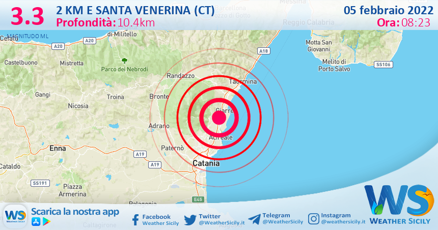 Sicilia: scossa di terremoto magnitudo 3.3 nei pressi di Santa Venerina (CT)