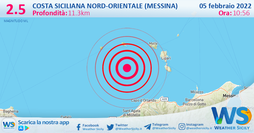 Sicilia: scossa di terremoto magnitudo 2.5 nei pressi di Costa Siciliana nord-orientale (Messina)