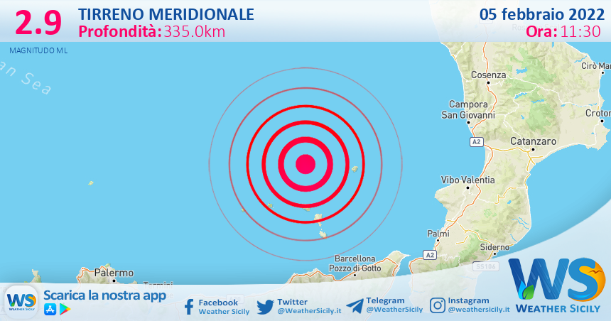 Sicilia: scossa di terremoto magnitudo 2.9 nel Tirreno Meridionale (MARE)