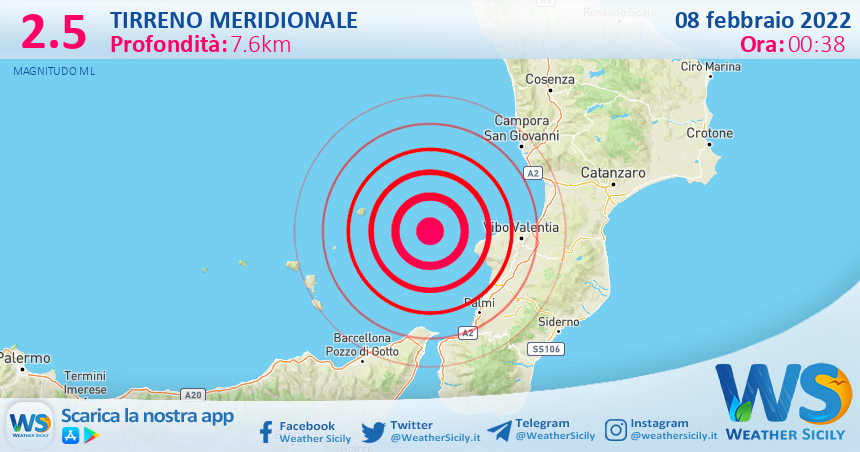 Sicilia: scossa di terremoto magnitudo 2.5 nel Tirreno Meridionale (MARE)