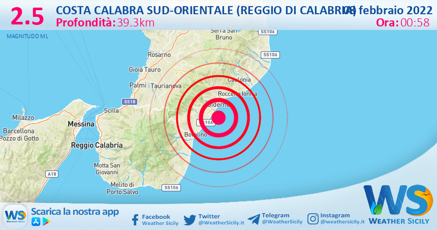 Sicilia: scossa di terremoto magnitudo 2.5 nei pressi di Costa Calabra sud-orientale (Reggio di Calabria)