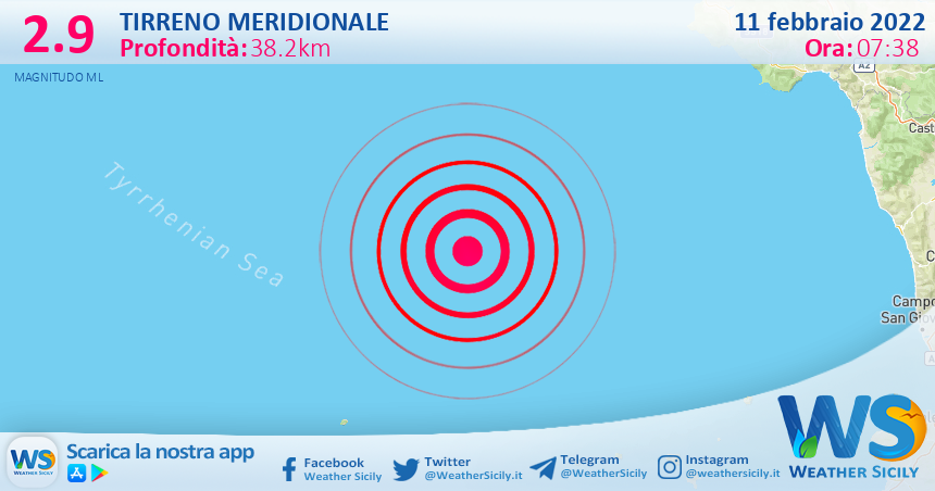 Sicilia: scossa di terremoto magnitudo 2.9 nel Tirreno Meridionale (MARE)