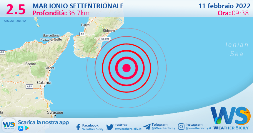 Sicilia: scossa di terremoto magnitudo 2.5 nel Mar Ionio Settentrionale (MARE)
