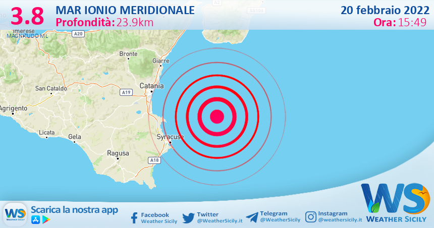 Sicilia: scossa di terremoto magnitudo 3.8 nel Mar Ionio Meridionale (MARE)