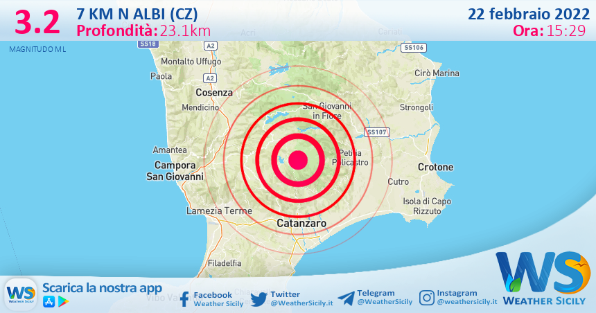 Sicilia: scossa di terremoto magnitudo 3.2 nei pressi di Albi (CZ)