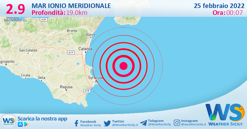 Sicilia: scossa di terremoto magnitudo 2.9 nel Mar Ionio Meridionale (MARE)