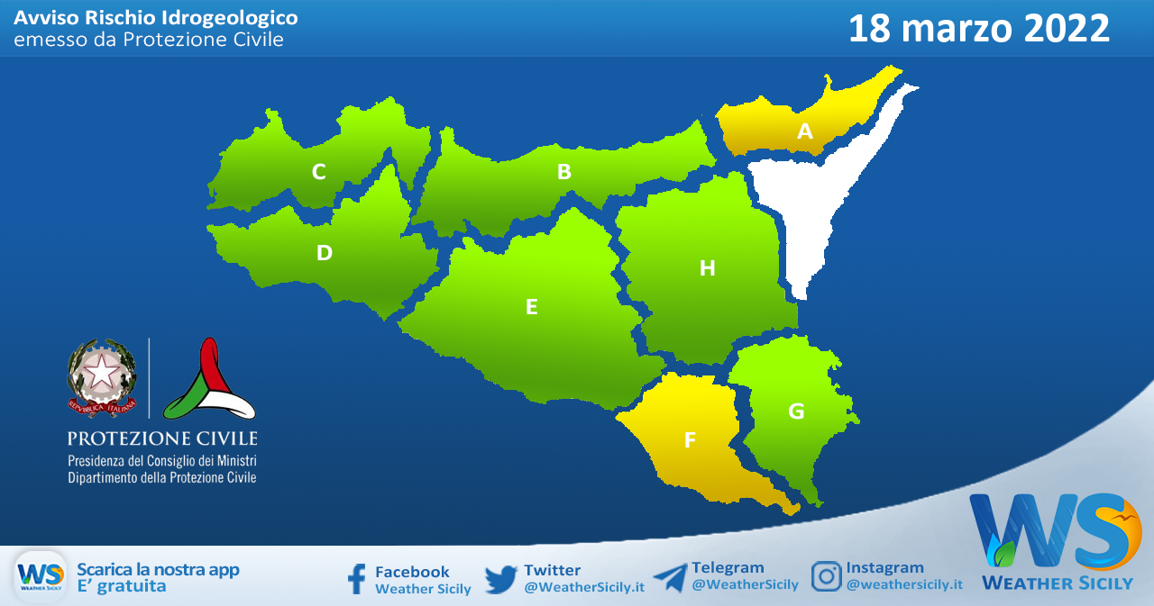 Sicilia: avviso rischio idrogeologico per venerdì 18 marzo 2022