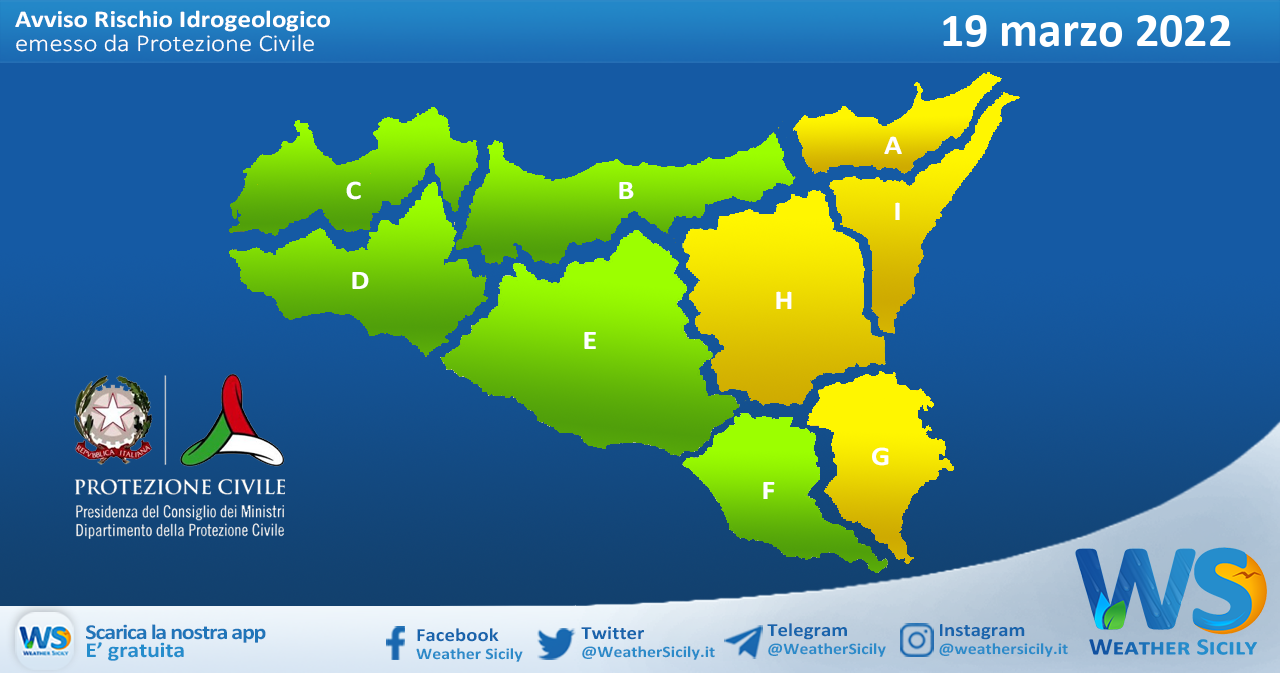 Sicilia: avviso rischio idrogeologico per sabato 19 marzo 2022