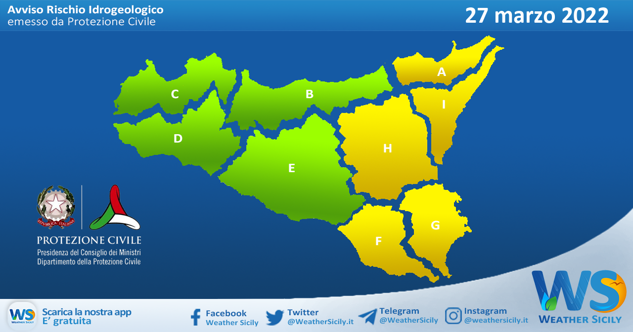 Sicilia: avviso rischio idrogeologico per domenica 27 marzo 2022