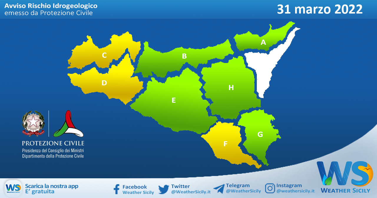 Sicilia: avviso rischio idrogeologico per giovedì 31 marzo 2022