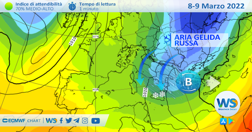 Sicilia: aria gelida russa tra martedì e mercoledì con locali nevicate fino a bassa quota.