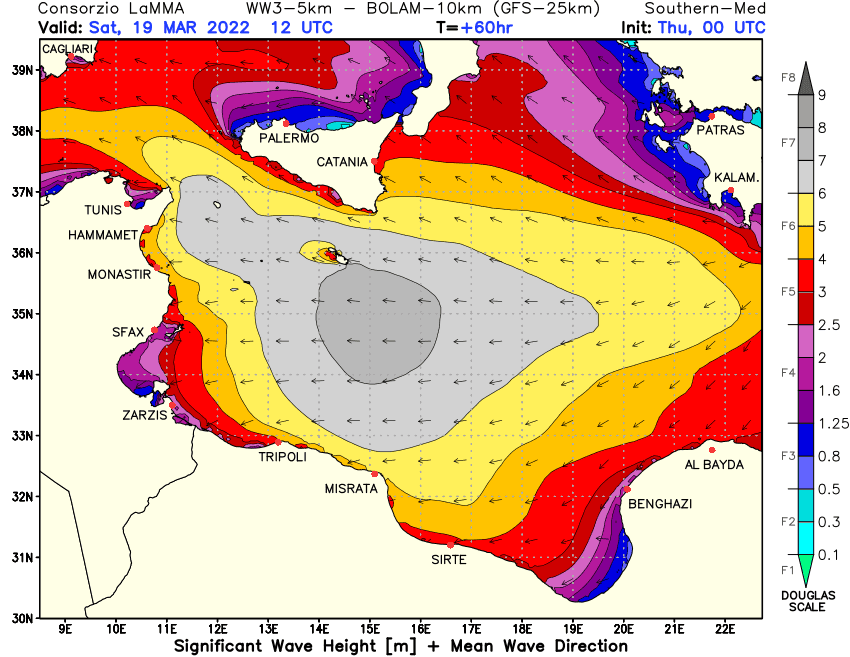 Sabato attese onde fino a 6-7 metri sul Canale di Sicilia. Fino a 4-5 metri sul Mar Ionio.