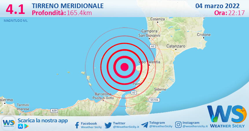 Sicilia: scossa di terremoto magnitudo 4.1 nel Tirreno Meridionale (MARE)