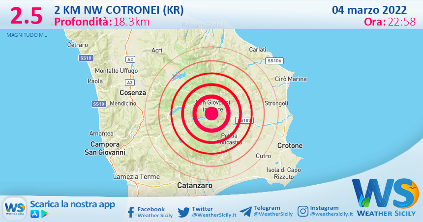 Sicilia: scossa di terremoto magnitudo 2.5 nei pressi di Cotronei (KR)