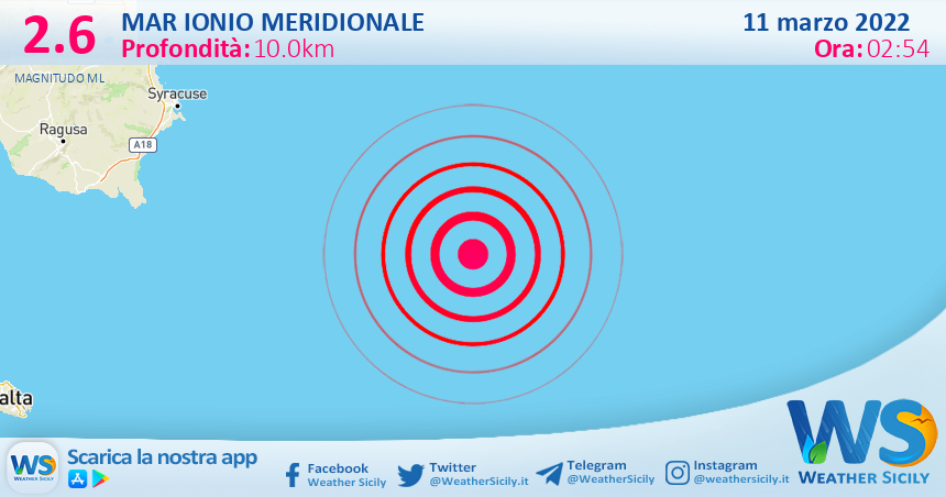 Sicilia: scossa di terremoto magnitudo 2.6 nel Mar Ionio Meridionale (MARE)