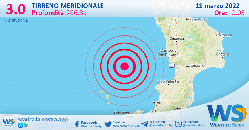 Sicilia: scossa di terremoto magnitudo 3.0 nel Tirreno Meridionale (MARE)