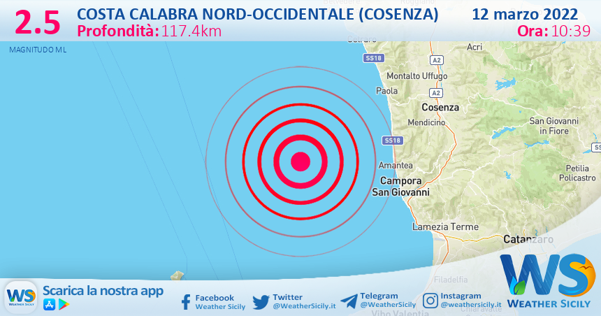 Sicilia: scossa di terremoto magnitudo 2.5 nei pressi di Costa Calabra nord-occidentale (Cosenza)
