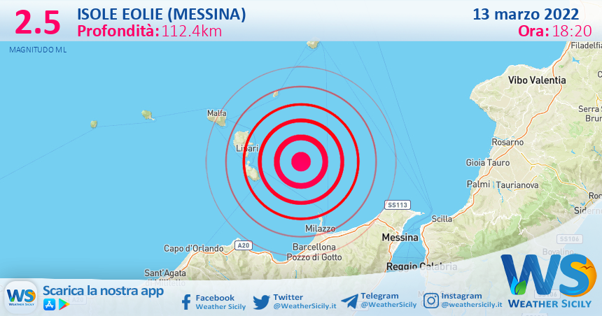 Sicilia: scossa di terremoto magnitudo 2.5 nei pressi di Isole Eolie (Messina)