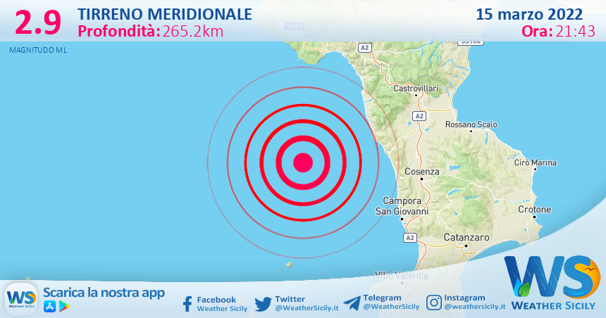 Sicilia: scossa di terremoto magnitudo 2.9 nel Tirreno Meridionale (MARE)