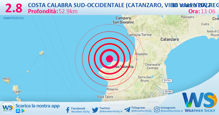 Scossa di terremoto magnitudo 2.8 nei pressi di Costa Calabra sud-occidentale (Catanzaro, Vibo Valentia, Reggio di Calabria)