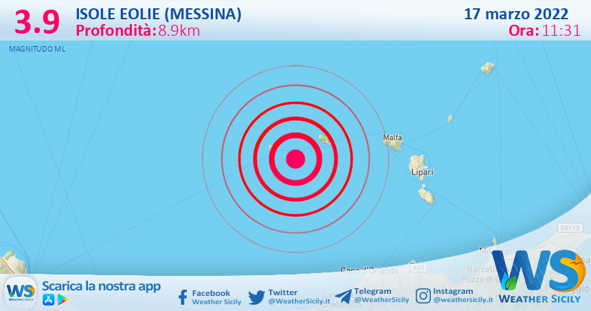 Scossa di terremoto magnitudo 3.9 nei pressi di Isole Eolie (Messina)