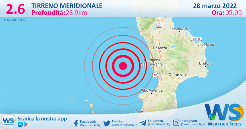 Scossa di terremoto magnitudo 2.6 nel Tirreno Meridionale (MARE)