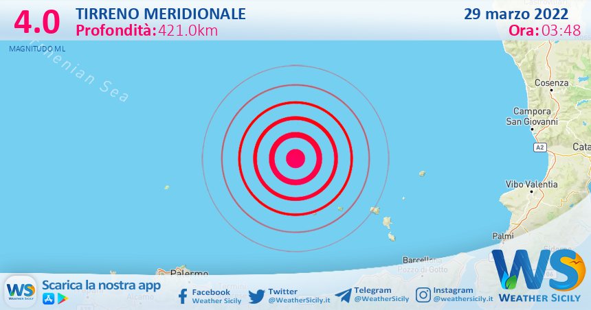 Scossa di terremoto magnitudo 4.0 nel Tirreno Meridionale (MARE)