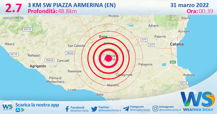 Scossa di terremoto magnitudo 2.7 nei pressi di Piazza Armerina (EN)